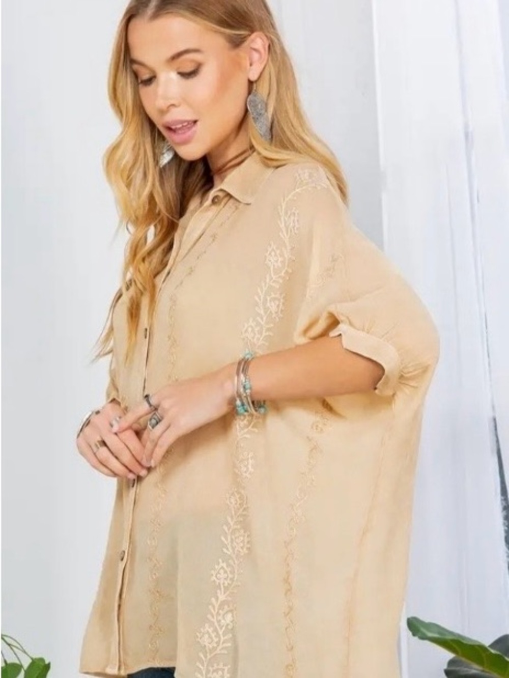 Young Threads Sheer Embroidered Boho Button-Up Top in Neutral Beige
